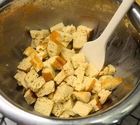french toast muffins delicious french toast muffin cup recipe, Cubed bread soaking in custard in a metal bowl