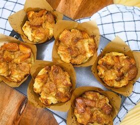 french toast muffins delicious french toast muffin cup recipe, Six French Toast Muffins in a baking tin on a rustic backdrop