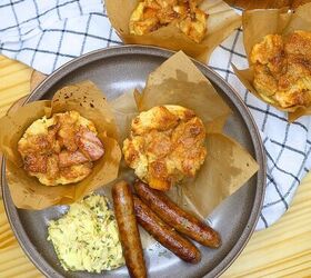 french toast muffins delicious french toast muffin cup recipe, French toast Muffins on a plate with sausage links and scrambled eggs