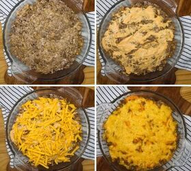 big mac casserole easy big mac casserole recipe, Four part grid of a big mac casserole being layered and baked