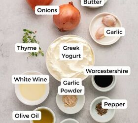 greek yogurt french onion dip with real caramelized onions, Labeled ingredients on a countertop for a rich greek yogurt french onion dip onions butter garlic thyme Greek yogurt garlic powder Worcestershire sauce pepper white wine olive oil and salt