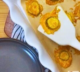 two ingredient fried pickles baked cheddar pickle crisps recipe, A two ingredient fried pickle on a spatula