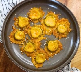 two ingredient fried pickles baked cheddar pickle crisps recipe, Low Carb Fried Pickles on a plate with sesame seeds