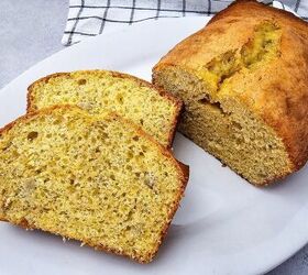 easy banana bread using yellow cake mix recipe, Sliced banana bread made with yellow cake mix served next to the remaining loaf on a white plate