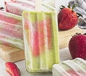 easy banana bread using yellow cake mix recipe, Matcha popsicles with strawberry layers standing upright alongside fresh strawberries and homemade popsicles