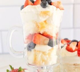 easy banana bread using yellow cake mix recipe, Red white and blue trifle layered with angel food cake vanilla pudding whipped topping fresh strawberries and blueberries in a glass dessert mug