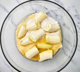 easy banana bread using yellow cake mix recipe, Banana chunks yellow cake mix and vegetable oil added to the mixing bowl for banana bread batter