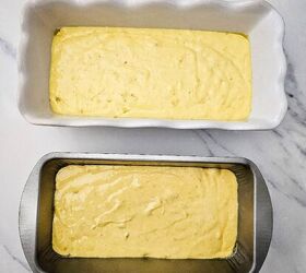easy banana bread using yellow cake mix recipe, Banana bread batter poured into two loaf pans and ready to bake