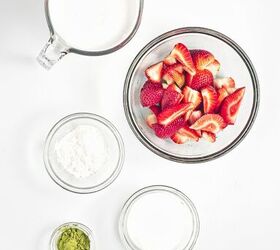 homemade matcha popsicles with strawberry layers, Ingredients for matcha popsicles including strawberries coconut milk cornstarch sugar and matcha powder