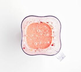 homemade matcha popsicles with strawberry layers, Creamy strawberry mixture blended until smooth for homemade popsicles