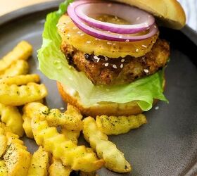 chicken teriyaki burgers air fryer chicken teriyaki burger recipe, Air Fryer Chicken Teriyaki Burger on a plate with french fries