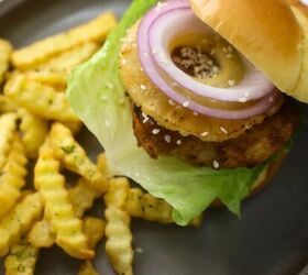 chicken teriyaki burgers air fryer chicken teriyaki burger recipe, Assembled Air Fryer Chicken Teriyaki Burger on a plate with fries