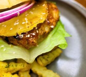 chicken teriyaki burgers air fryer chicken teriyaki burger recipe, Close up image of Air Fryer Chicken Teriyaki Burger on a plate with fries