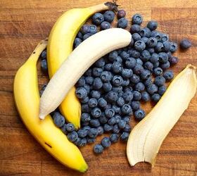 blueberry banana bread, Bananas and blueberries on a board
