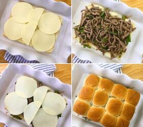 philly cheesesteak sliders easy cheesesteak slider recipe, Four part grid of Philly cheesesteak sliders being assembled