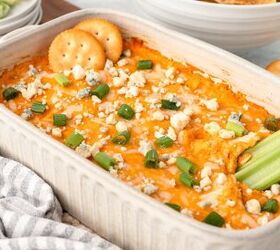buffalo style chicken dip, Cheesy buffalo chicken casserole topped with green onions and blue cheese crumbles