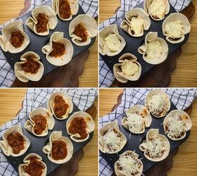 low carb lasagna cups easy keto lasagna cups recipe, Four part grid showing low carb lasagna cups being assembled