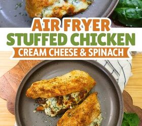 air fryer stuffed chicken spinach cream cheese stuffed chicken, Air Fryer Stuffed Chicken Breasts Pin with text overlay