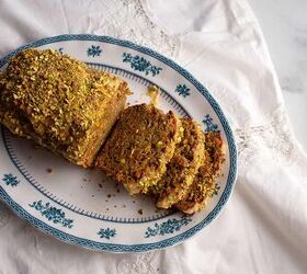 sweet eggplant pistachio quick bread, A loaf of Sweet Eggplant Pistachio Quick Bread sliced on a blue transferware platter