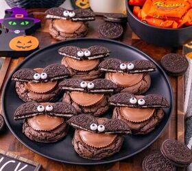 oreo bat cookies made with cake mix and reese s cups, Halloween Oreo bat cookies made with chocolate cookies Reese s peanut butter cups Oreo wings and candy eyes