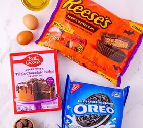 oreo bat cookies made with cake mix and reese s cups, Ingredients for Oreo bat cookies including chocolate cake mix Reese s peanut butter cups Oreos eggs oil chocolate melts and candy eyes
