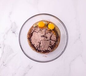 oreo bat cookies made with cake mix and reese s cups, Chocolate cake mix eggs and oil combined in a glass mixing bowl