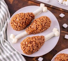 rice krispie turkey leg treats using pretzel bones, Rice Krispie turkey leg treats with white chocolate pretzel bones arranged on a plate
