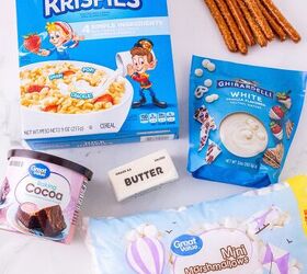 rice krispie turkey leg treats using pretzel bones, Ingredients for Rice Krispie turkey leg treats including cereal pretzel rods marshmallows butter cocoa powder and white melting wafers