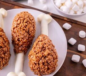 rice krispie turkey leg treats using pretzel bones, Three Rice Krispie turkey leg treats arranged beside mini marshmallows
