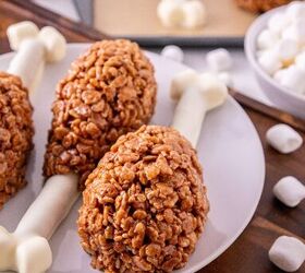 rice krispie turkey leg treats using pretzel bones, Close up of homemade Rice Krispie turkey leg treats on a plate