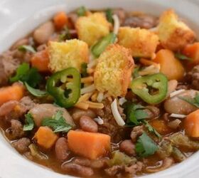 Turkey, sweet potato, and cornbread croutons—make chili with a tasty twist